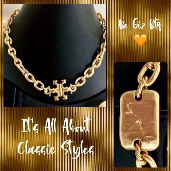 🆕 Tory Burch Authentic Torsade Vintage Brass Gold With T Logo Necklace